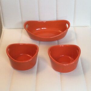 EUC Rachel Ray (2) 10oz (1) 12oz Orange Stoneware Ramekin Ceramic Baking Dishes
